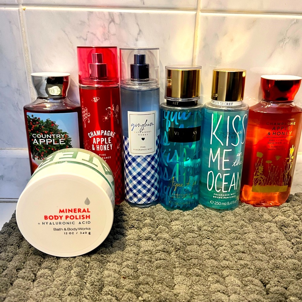 Victoria’s Secret fragrance most and Bath and Body works mist and body wash.